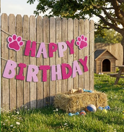 Paw Print Dog Birthday Banner - Rose Red Party Decorations 9.8ft
