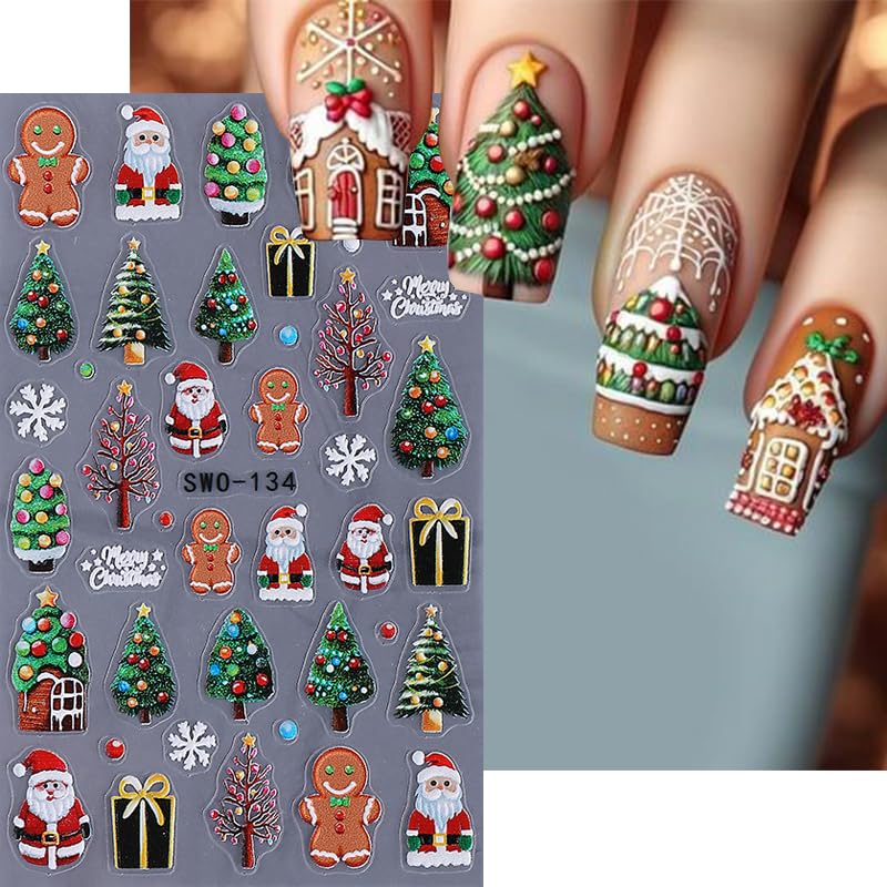 5D Embossed Christmas Nail Stickers Snowflake Bow Decals 3PCS