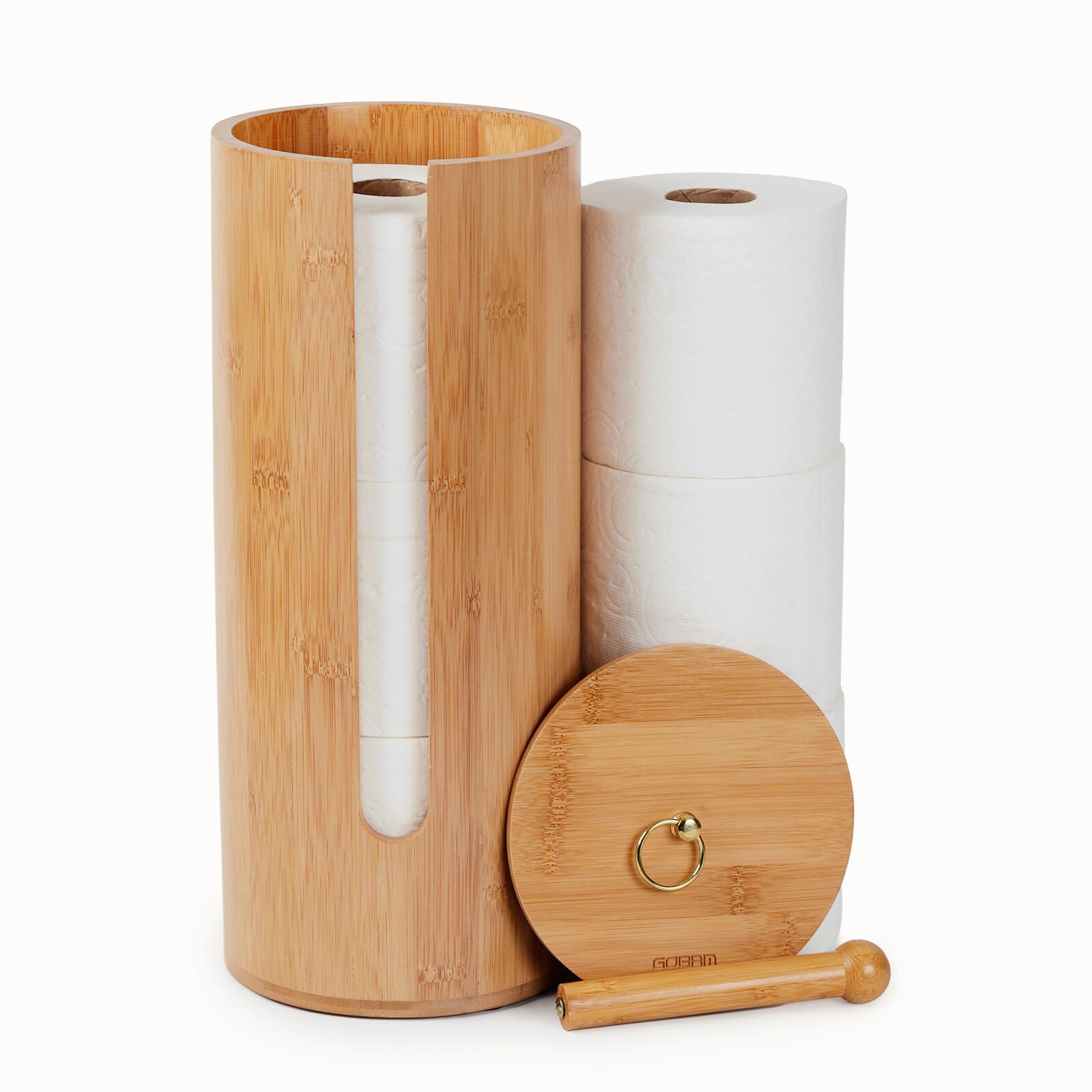 Gobam Bamboo Toilet Paper Storage with Dual-Use Lid, Freestanding Bathroom Tissue Organizer with Viewing Slot, Built-In Handle, Anti-Slip Base, Compact Toilet Paper Holder Stand for up to 3 Mega Rolls