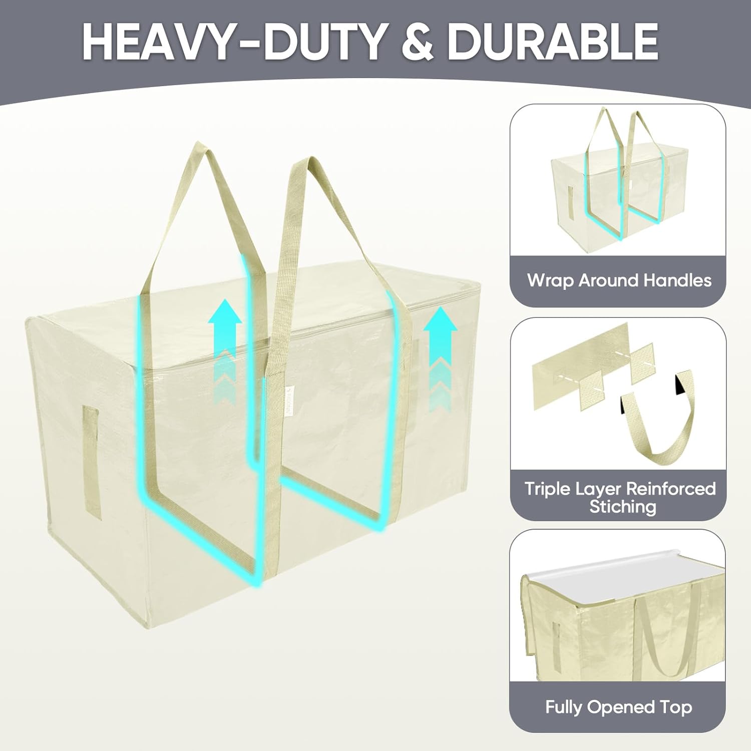TICONN Extra Large Heavy-Duty Moving Bags - Durable Storage with Zippers & Handles | 2 Pack, Cream