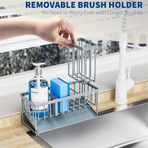 Cisily Sink Caddy Organizer - Rustproof Stainless Steel with Brush & Sponge Holder | Gray Blue Kitchen Decor