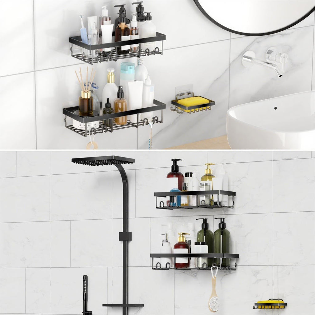 Moforoco Shower Caddy Basket Shelf - Rustproof Black Wall Organizer with Soap Holder | 3-Pack Set