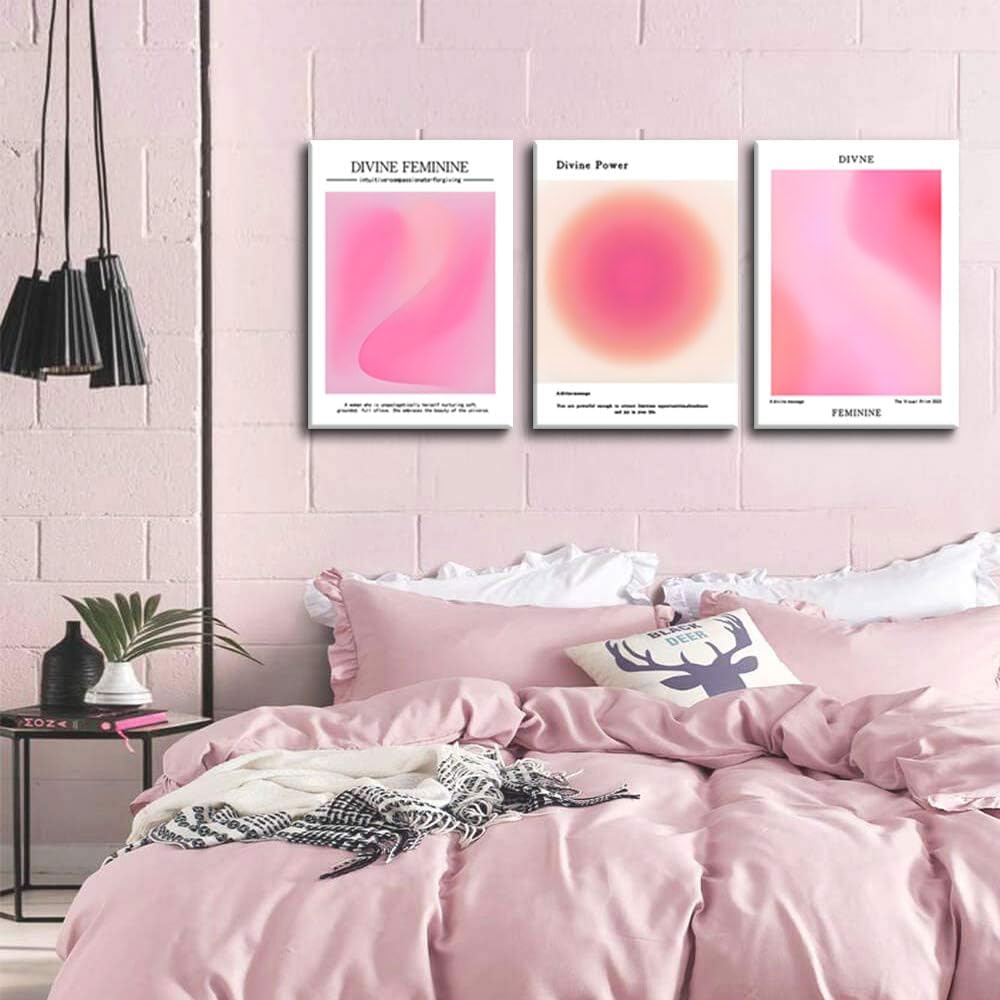 Trendy Aesthetic Canvas Wall Art Set of 3 - Pink Gradient Aura Angel Posters | Framed 12x16 Inch Decor