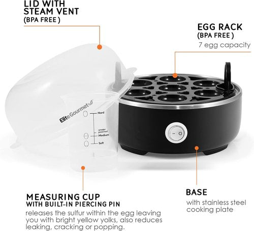Elite Gourmet Easy Egg Cooker - Electric 7-Egg Capacity for Soft, Medium, Hard-Boiled Eggs | Auto Shut-Off, BPA Free, Classic Black