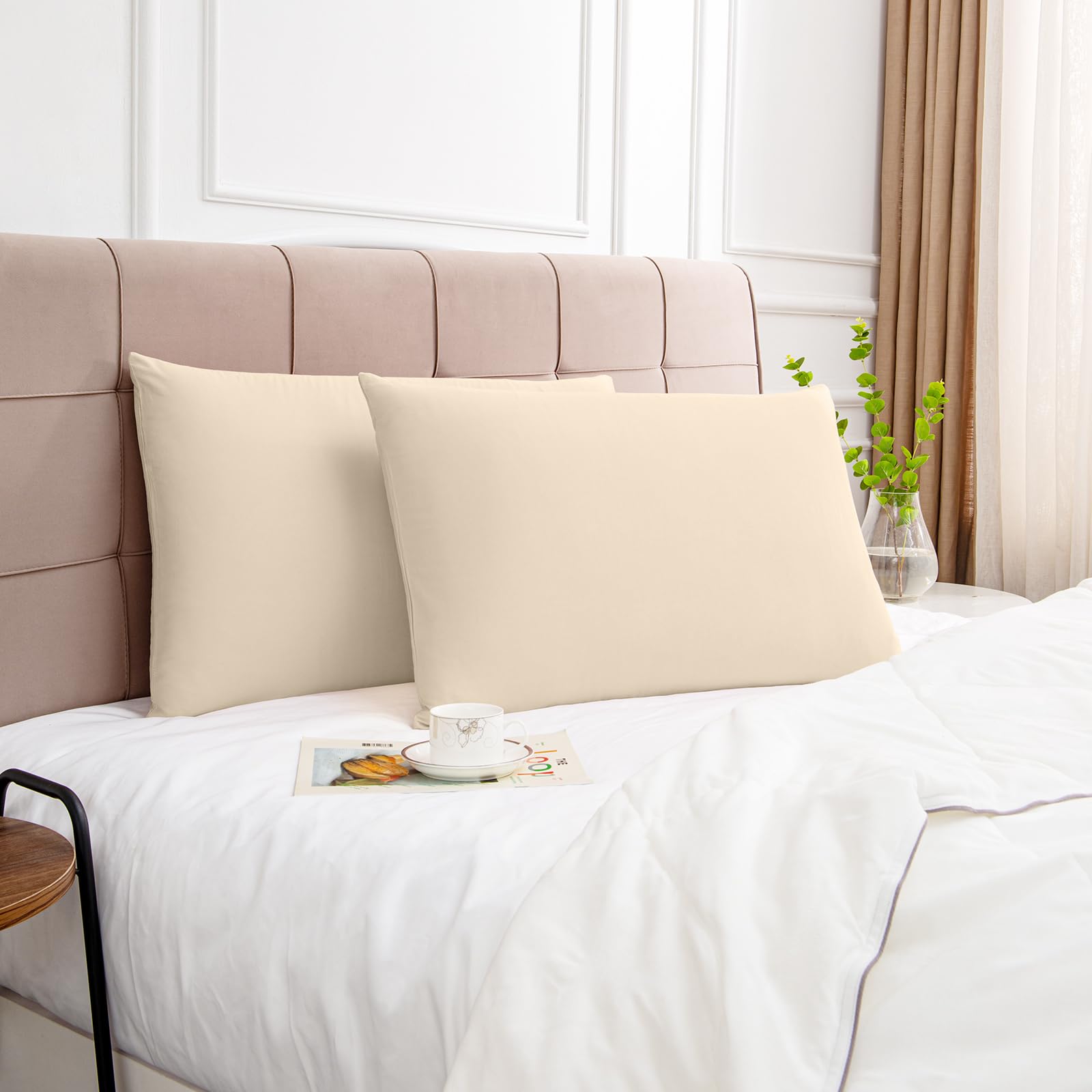 100% Cotton Standard Pillowcases Set of 2, Deep Dream 600 Thread Count Pillow Cases, 20x26 Inches, Super Soft and Breathable Envelope Closure (Cream)