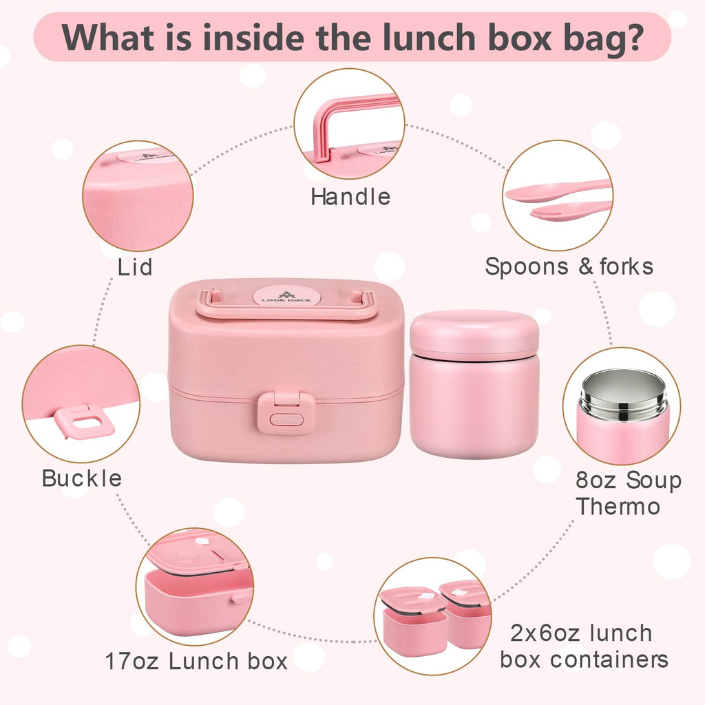 Bento Lunch Box for Kids with 8oz Soup Thermo,2 Leak-Proof Food Containers, a Lunch Bag, Kids Thermo Insulated Hot Food Jar for School, Travel-Pink