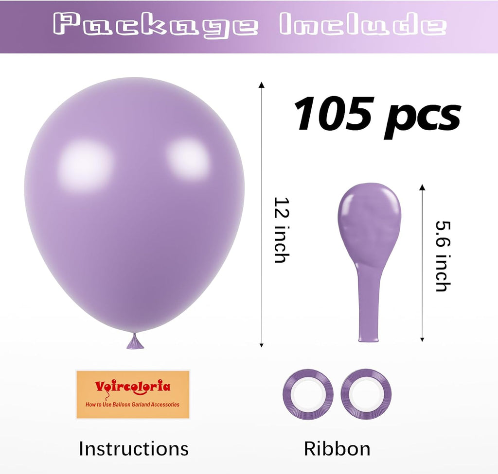 Voircoloria 105pcs Lilac Purple Balloons - 12 Inch Party Latex Balloons for Celebrations & Events
