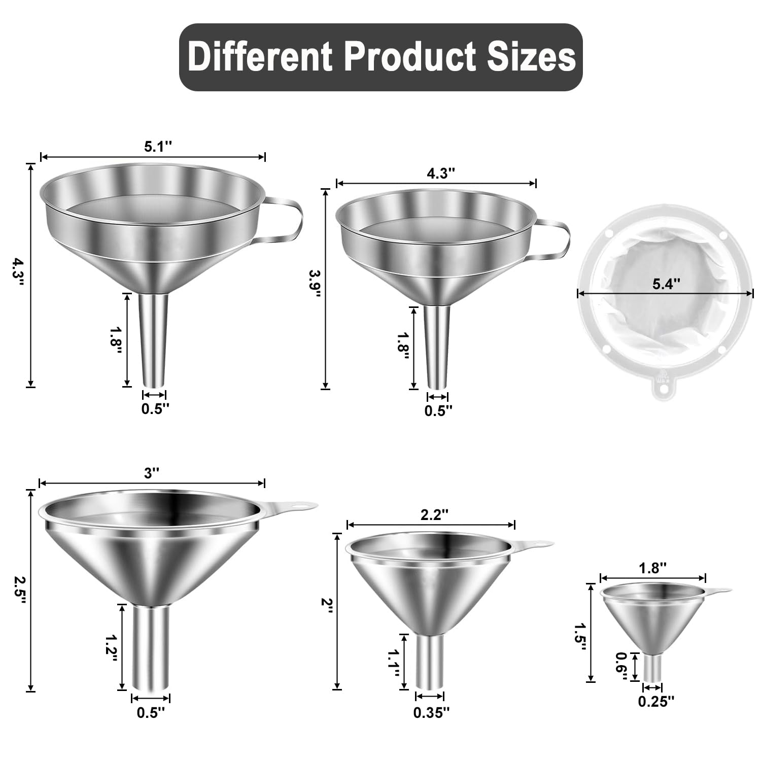 Lmoszuak Stainless Steel Funnels for Kitchen use,5 Different Sizes of Kitchen funnels,Metal Funnel with 2 Removable Strainer,Cleaning Brush,200 Mesh Food Filter,for Transferring of Liquid,Oils,Jam