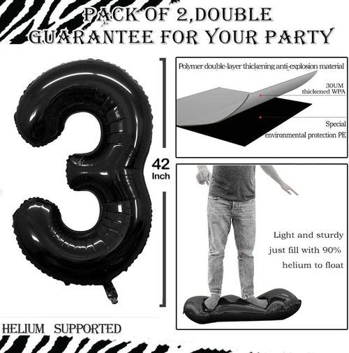 GOER Black Foil Number 3 Balloons - Giant 3rd Birthday Party Decorations | 42 Inch, 32 Inch, 16 Inch