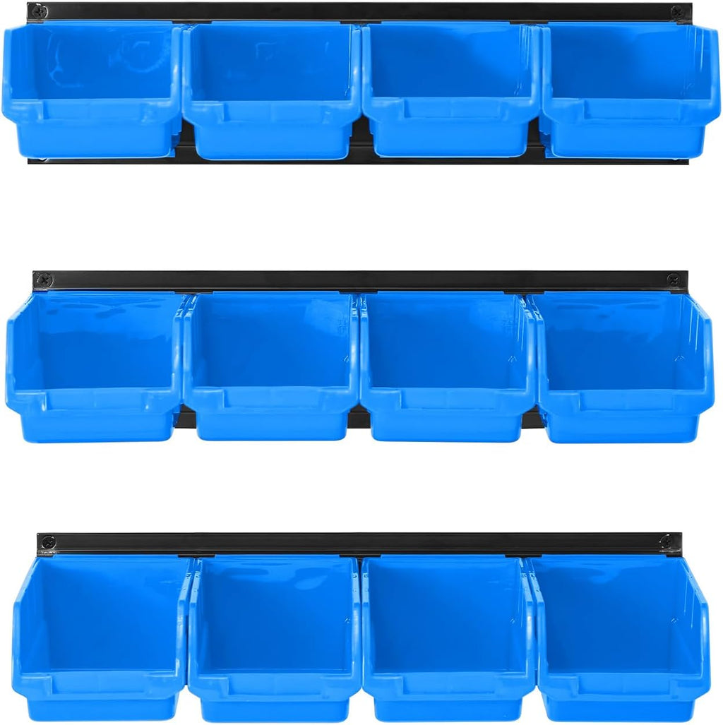Ultrawall Wall Mounted Storage Bins - Plastic Organizer for Garage Tools | 12 Bins & 3 Rails, Blue