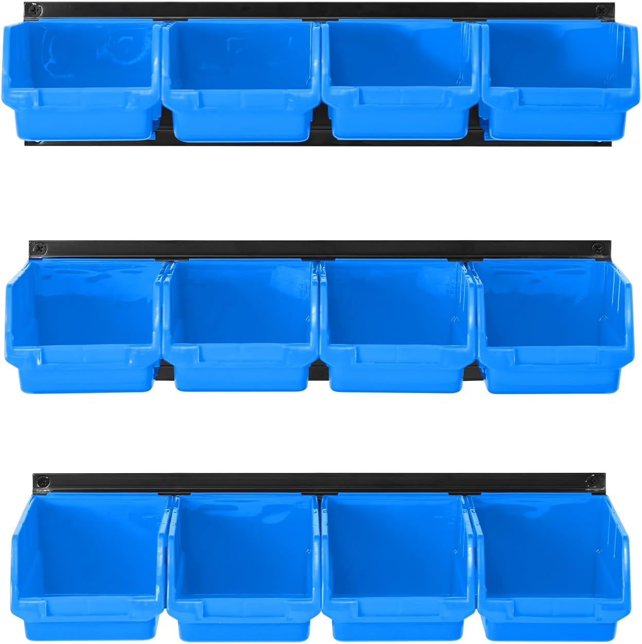 Ultrawall Wall Mounted Storage Bins - Plastic Organizer for Garage Tools | 12 Bins & 3 Rails, Blue