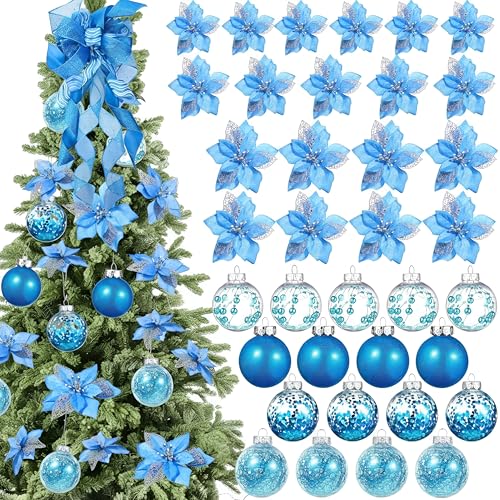 Blue Christmas Tree Decoration Set with Tree Topper Bow and Ornaments - 49 Pieces