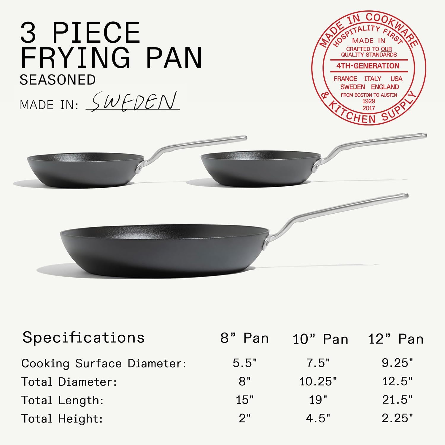 Made In Cookware | 3-Piece Seasoned Blue Carbon Steel Frying Pan Set - Induction Compatible | Professional Quality