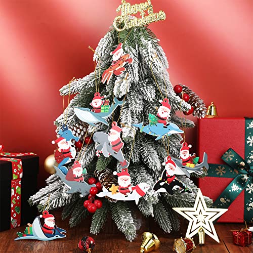 12 Pcs Wooden Christmas Sea Life Ornaments - Santa Ocean Animal Decorations