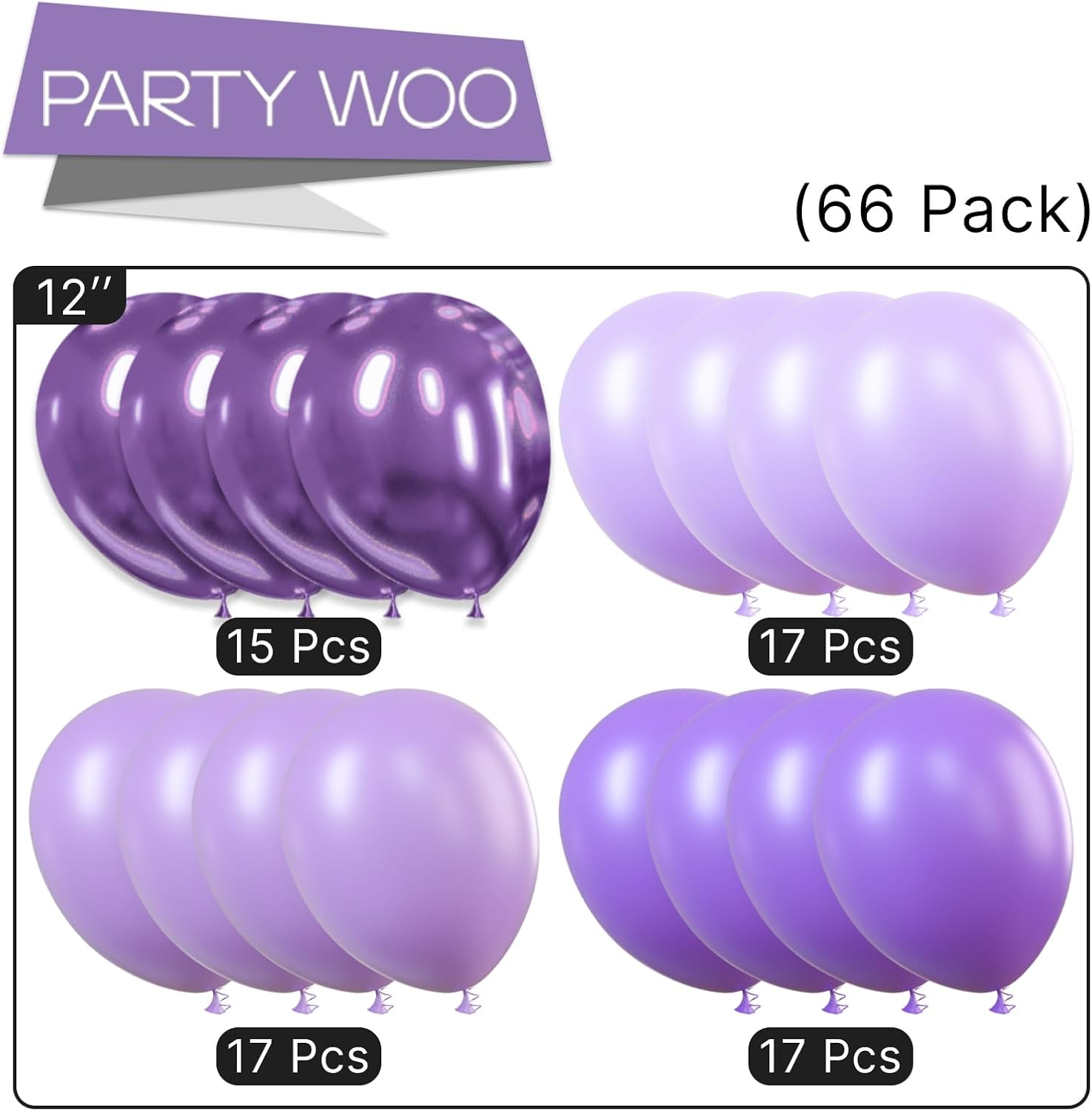 PartyWoo Purple Balloons - 66pcs 12 Inch Light Pastel Metallic Lilac for Celebrations & Events