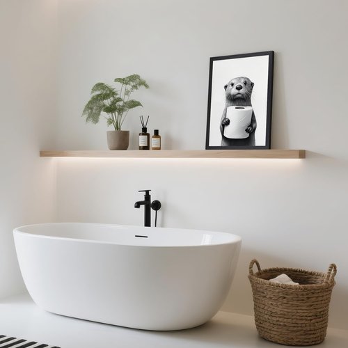 LLEEMPI Otter Toilet Paper Wall Art - Modern Minimalist Black & White Canvas Print | 12x16 Inch Framed Decor