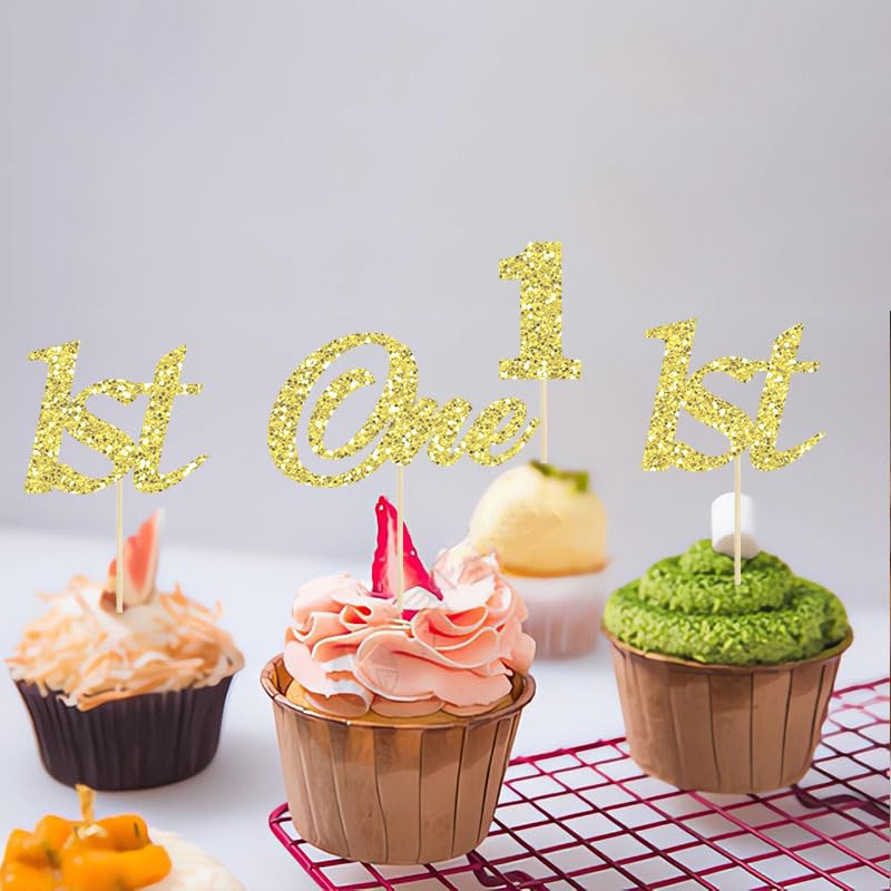 Gold Glitter One Cupcake Toppers 30 Pcs for 1st Birthday Party