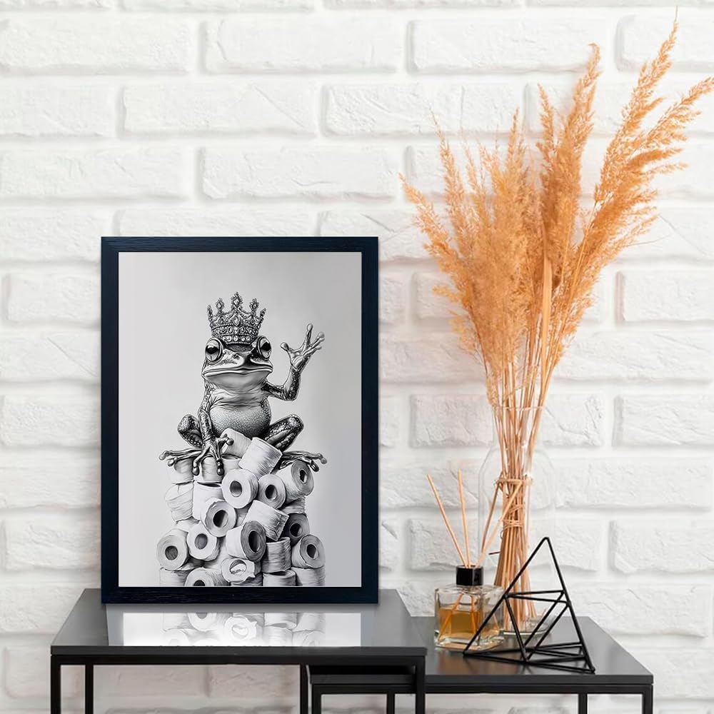 Orvannaatr Bathroom Wall Art - Framed Black and White Frog Decor | Playful Crown Toilet Paper Design