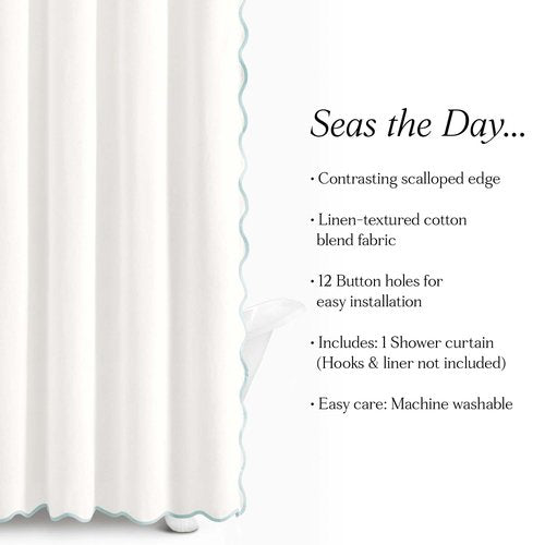 Lush Decor Coastal Chic Scallop Edge Linen-Textured Shower Curtain, Single 72" W x 72" L, Blue & White - Scalloped Shower Curtains - Coastal Bathroom Curtain