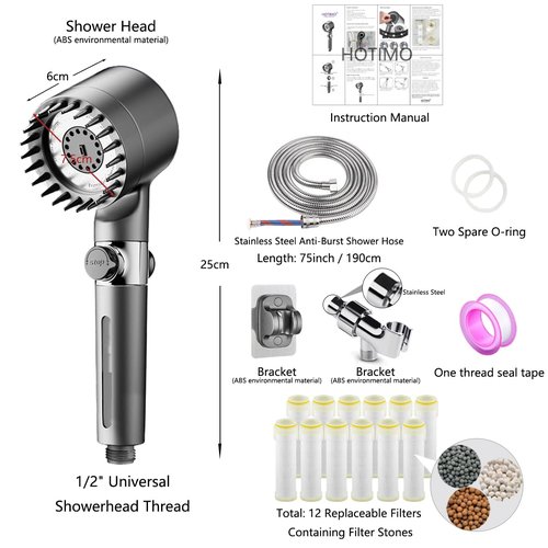 HOTIMO Filtered Shower Head with Handheld - High Pressure 3 Spray Modes Showerhead with Filters, 12 Replaceable Water Softener Filters for Hard Water | Ion Shower Drops Head with 75" Anti-Burst Hose