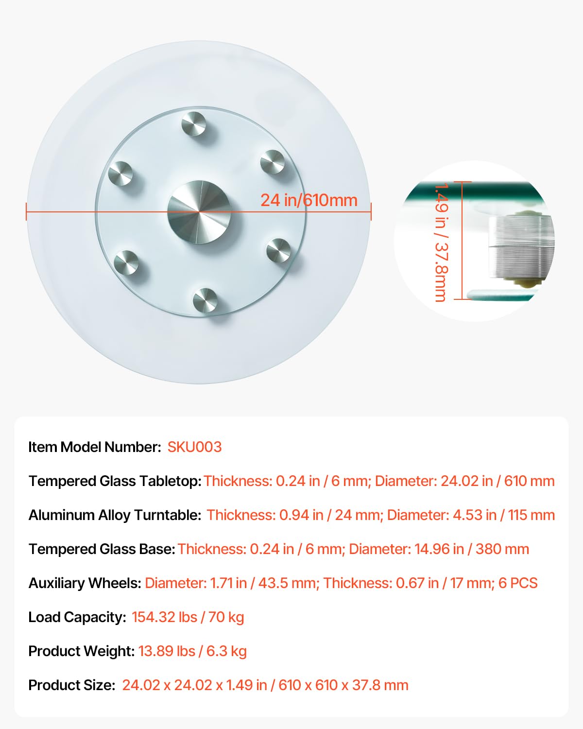 VEVOR 24 in Glass Lazy Susan Turntable, Tempered Glass Dining Table Centerpiece with 6 Rotating Wheels, 360° Smooth and Silent Spin Tabletop Rotating Tray, for Family Gatherings, Banquets & Weddings