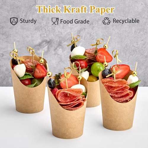 ZORRITA 100 Sets 8 oz Small Charcuterie Cups with Sticks, Disposable Kraft Paper Charcuterie Boxes French Fry Holder Individual Appetizer Serving Cup (100 Cups + 400 Cocktail Picks)