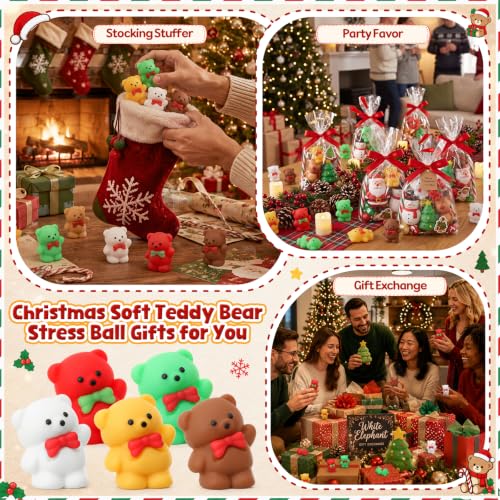 Christmas Teddy Bear Stress Balls Bulk 30 pcs - Colorful Holiday Party Favors