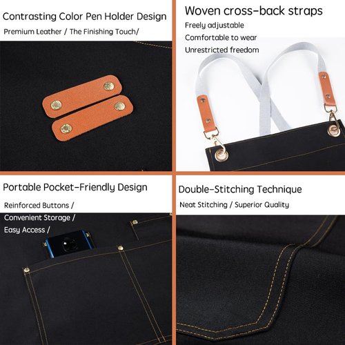 NALVIEVANA Kitchen Aprons Chef Apron for Men & Women, Black waterproof apron with 4 pockets，Adjustable Canvas Kitchen cooking Aprons for BBQ，Baking ，Coffee House& Restaurant.