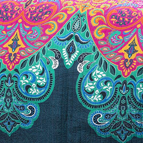 Lush Decor Boho Chic Reversible Cotton Quilt 3-Piece Set, King, Turquoise & Navy - Bright Paisley Print, Vibrant & Colorful Bohemian Bedding Set