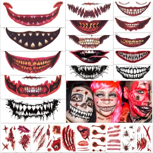 Sellentduct 25 Sheets Halloween Big Mouth & Scar Temporary Tattoos