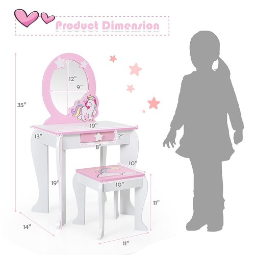 OLAKIDS Kids Vanity, 2 in 1 White Princess Wooden Table and Chair Set for Toddlers with Detachable Unicorn Mirror, Stool, Storage Drawer, Pretend Beauty Make Up Dressing Play Set for Girls Age 4-9