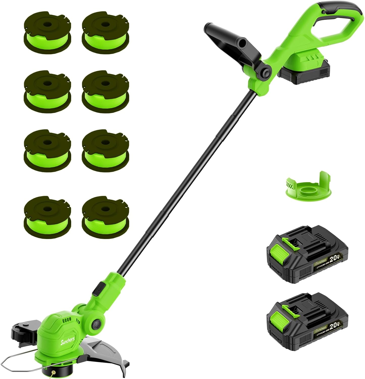 SUNCHERS 12-Inch 20V Cordless String Trimmer - 2-in-1 Lawn Edger with Auto Line Feed & Batteries | Green