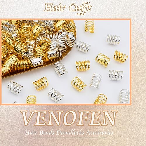 VENOFEN 100PCS Metal Hair Cuffs & Dreadlock Beads for Braids - Gold & Silver