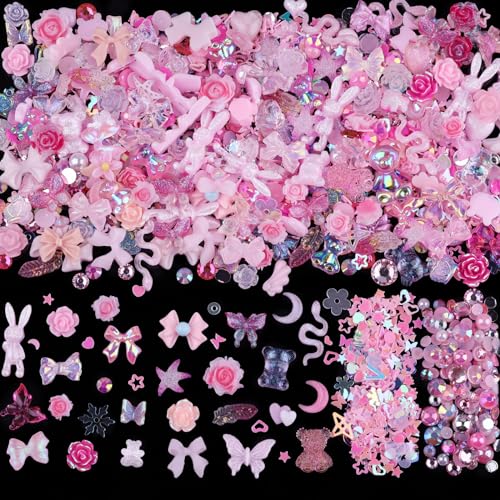 Sinyanail 300pcs Pink Nail Art Charms Kit with Resin Gems Rhinestones Pearls and Sequins