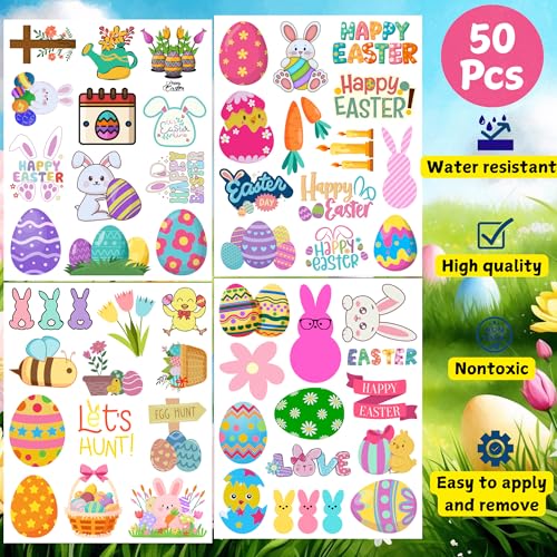 Easter Temporary Tattoos 50 Pcs - Bunny & Egg Party Favors 4 Sheets