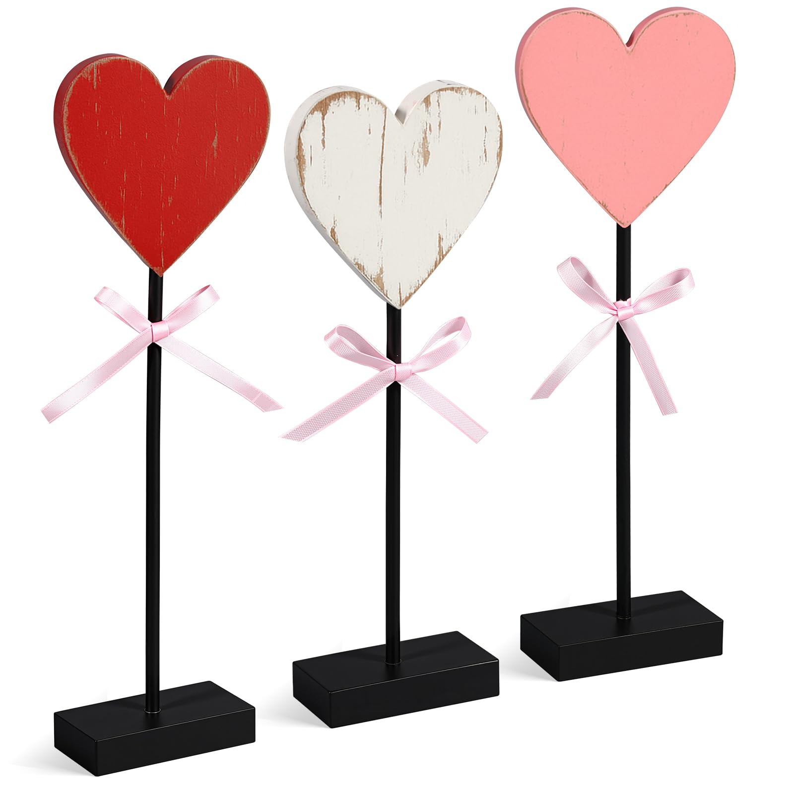Yerliker 3 Pcs Valentine's Day Wooden Hearts Shape Sign, Valentines Day Farmhouse Table Decor, Rustic Pink Heart Shaped Standing Block, Love Signs for Centerpieces Wedding Party Favor Supplies