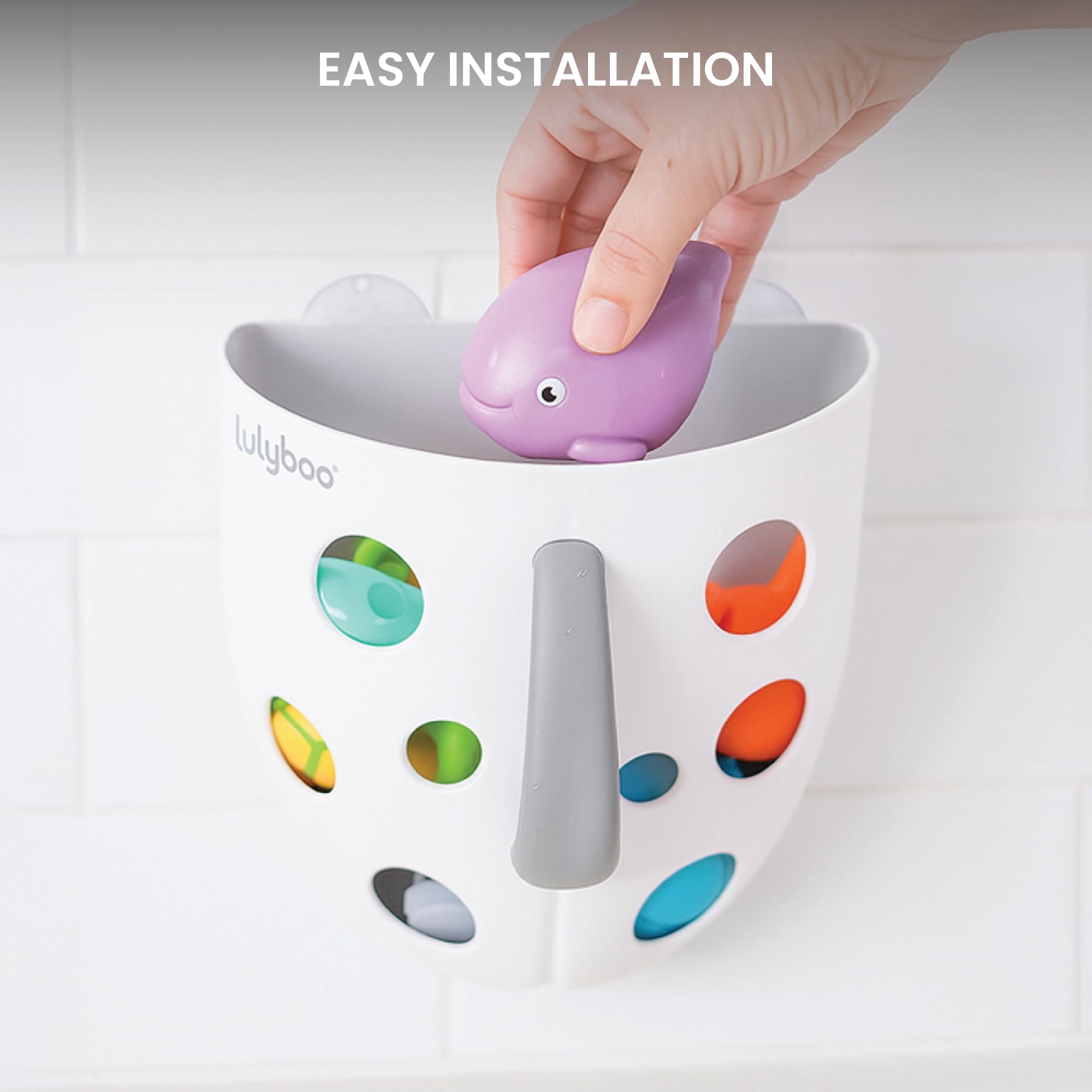 Lulyboo Baby Bath Toy Holder with No-Slip Suction Cups, BPA-Free Drainage Bin, Easy Clean Wall Organizer, White & Grey, Keeps Bathroom Clutter-Free & Safe for Kids