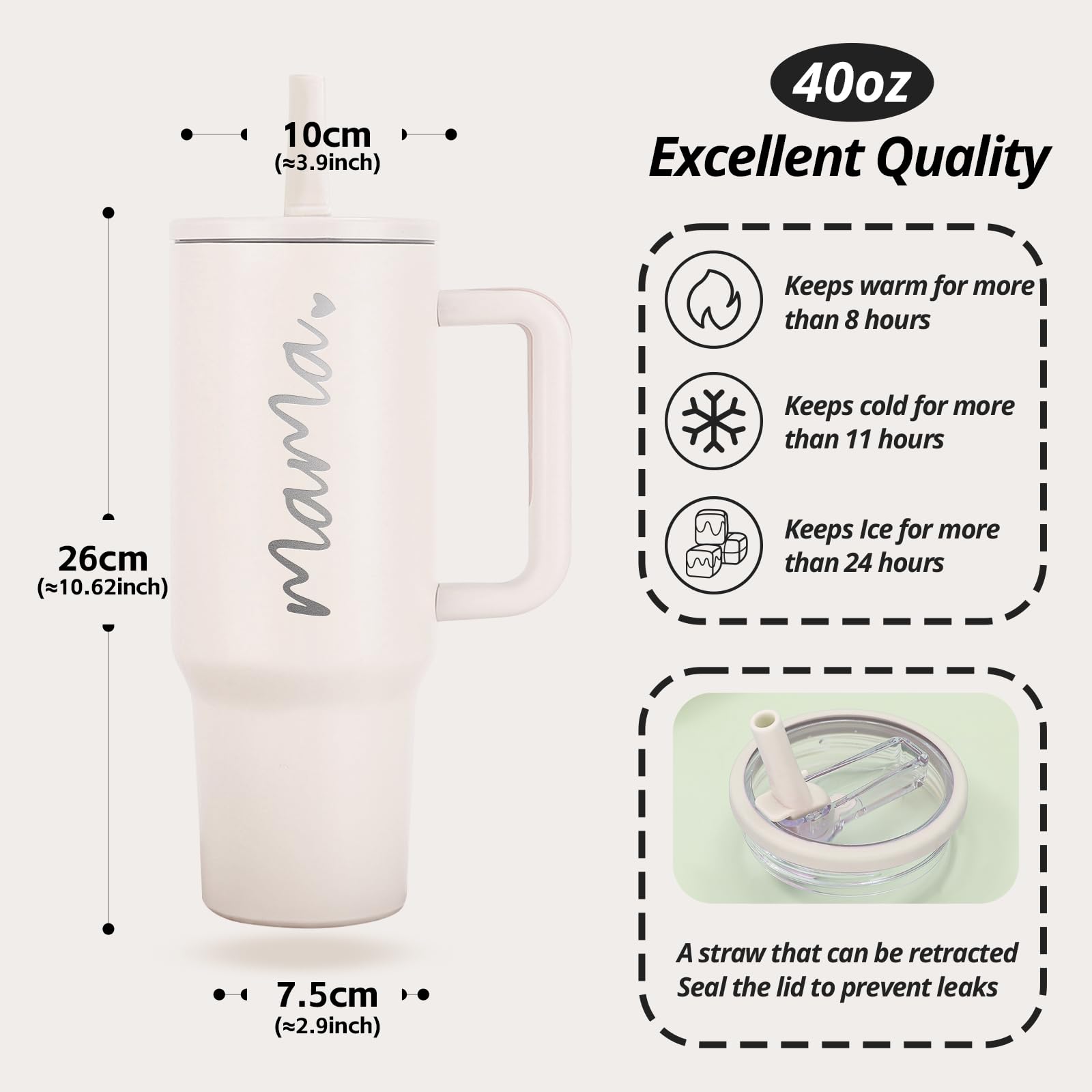JETIKON Mama Tumbler 40 oz Cup with Lids Straws First Mothers Day Gifts for New Mom Gifts for Pregnant Mother, Mama, Mom To Be
