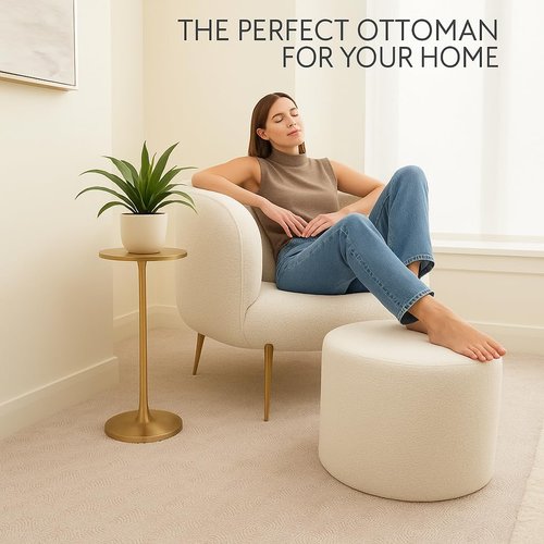 KKdema Round Pouf Ottoman and Foot Rest, Soft Boucle Footstool Ottomans for Living Room, Comfort Sponge Stuffed Poofs for Couch Desk Resting Your Feet, White(17.1" D x 17.1" W x 14" H)