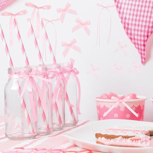 Suncalla 50 Pcs Pink Bows for Gift Wrapping 5 Sizes Ribbon Bows with Double Sided Tape Bow Party Favors for Treats Candy Bags DIY Crafts Wedding Pink Baby Shower Birthday Balloons