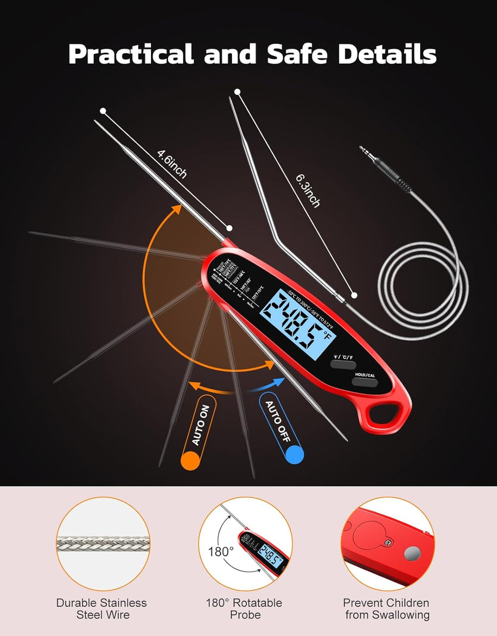 Skiennix Instant Read Meat Thermometer - Dual Probe Digital Cooking Thermometer with Backlit Display | Perfect for Grilling, BBQ, and Frying