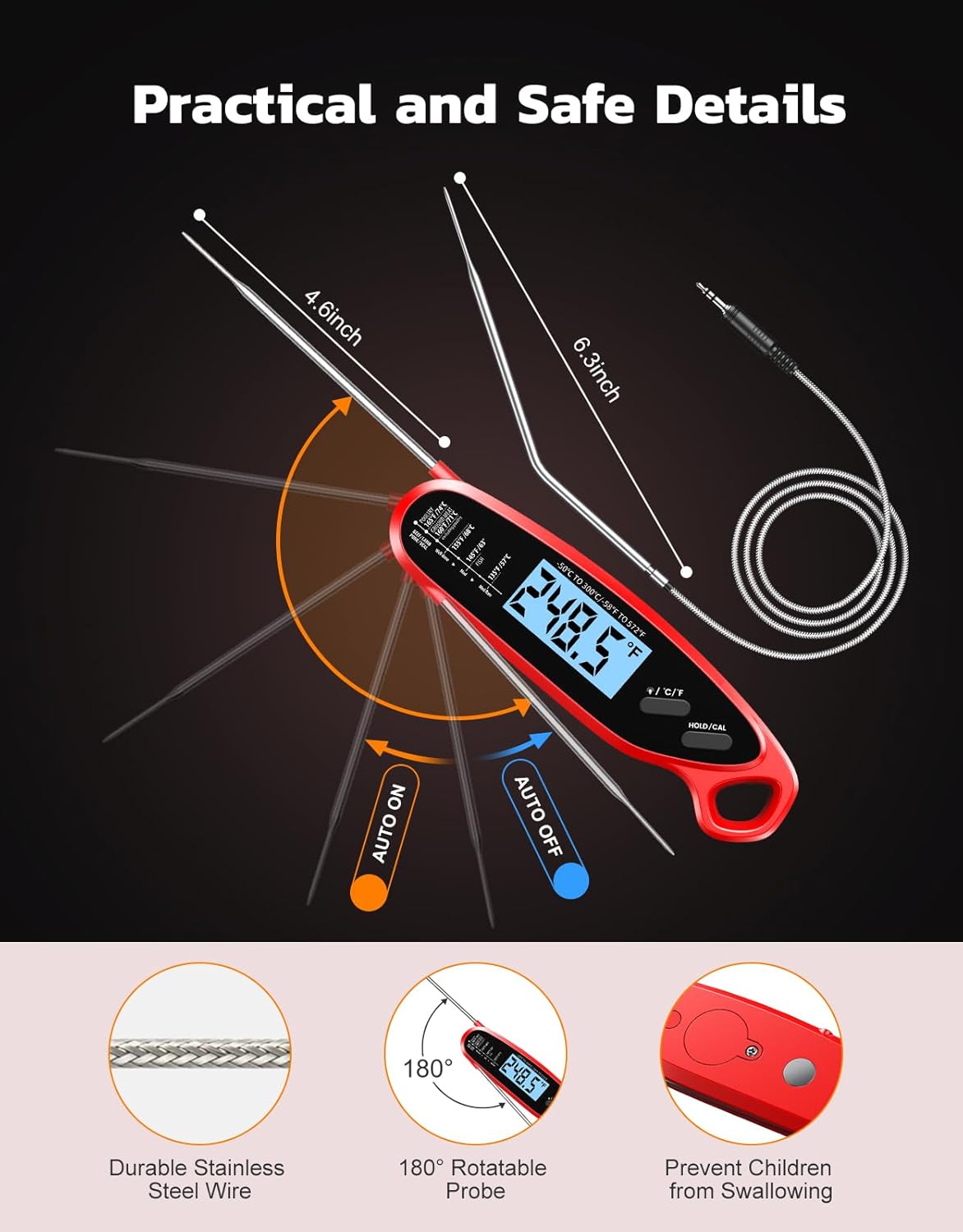 Skiennix Instant Read Meat Thermometer - Dual Probe Digital Cooking Thermometer with Backlit Display | Perfect for Grilling, BBQ, and Frying