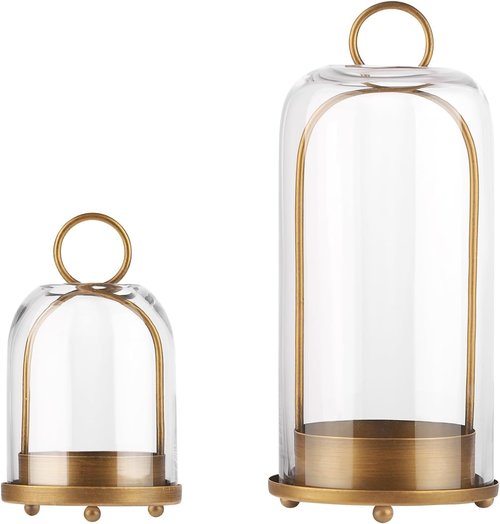 **Skiennix Metal Candle Holder Set - Versatile Brass Design with Handmade Glass Dome | 5" & 4" Sizes**