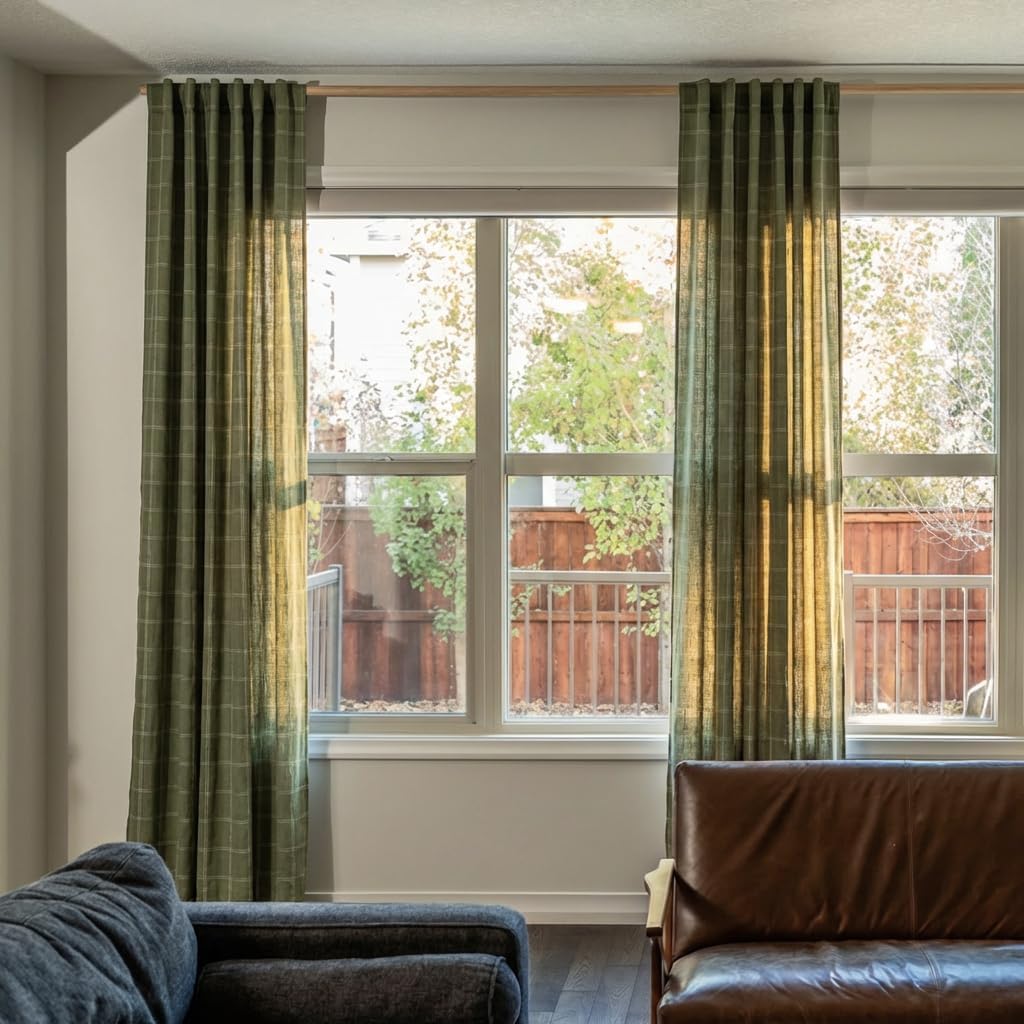 NICETOWN Linen Plaid Curtains - Moss Green Check Tartan Light Filtering Window Panels | 52" x 84" (2 Panels)