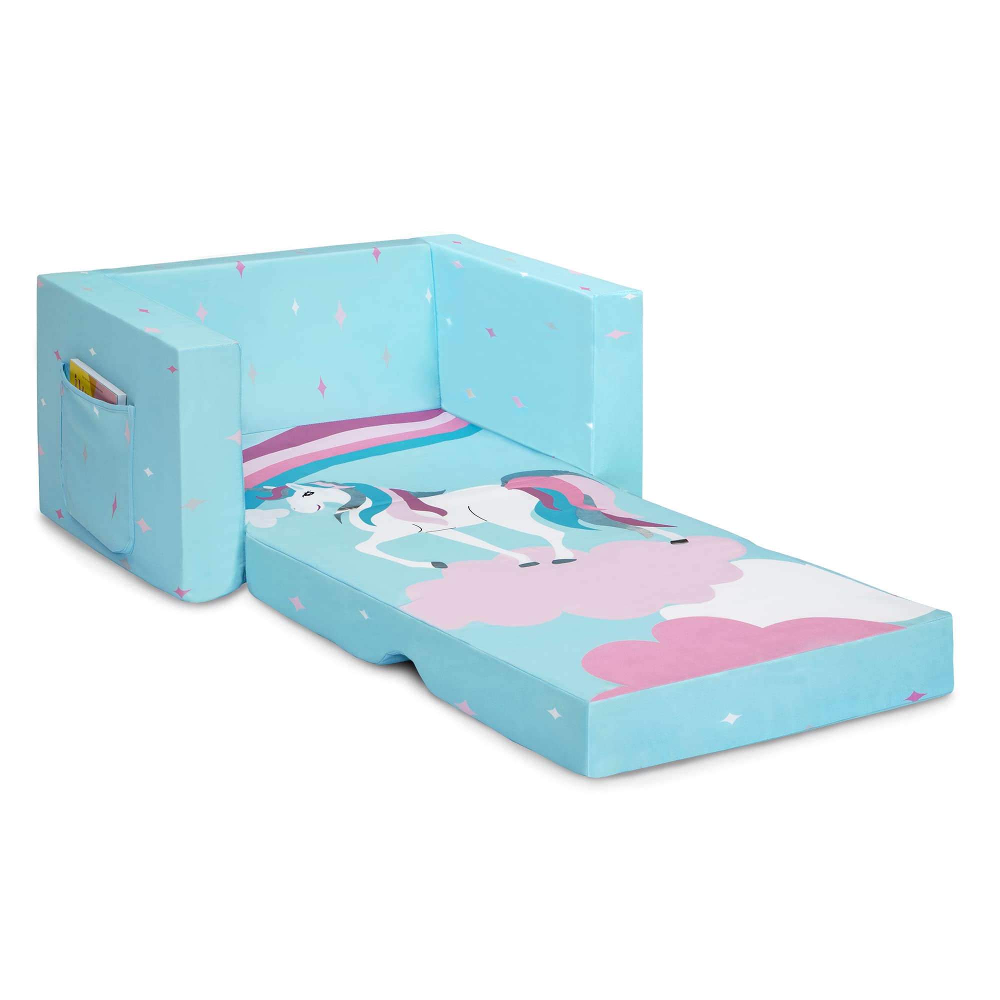 Delta Children Cozee Kids Couch 2-Seater Kids Sofa, Convertible 2-in-1 Flip Open Toddler Couch Sleeper, Foam Chair for Playroom & Bedroom, Bed Lounger, Comfy Play Sleeping Lounge Chair, Blue Unicorn