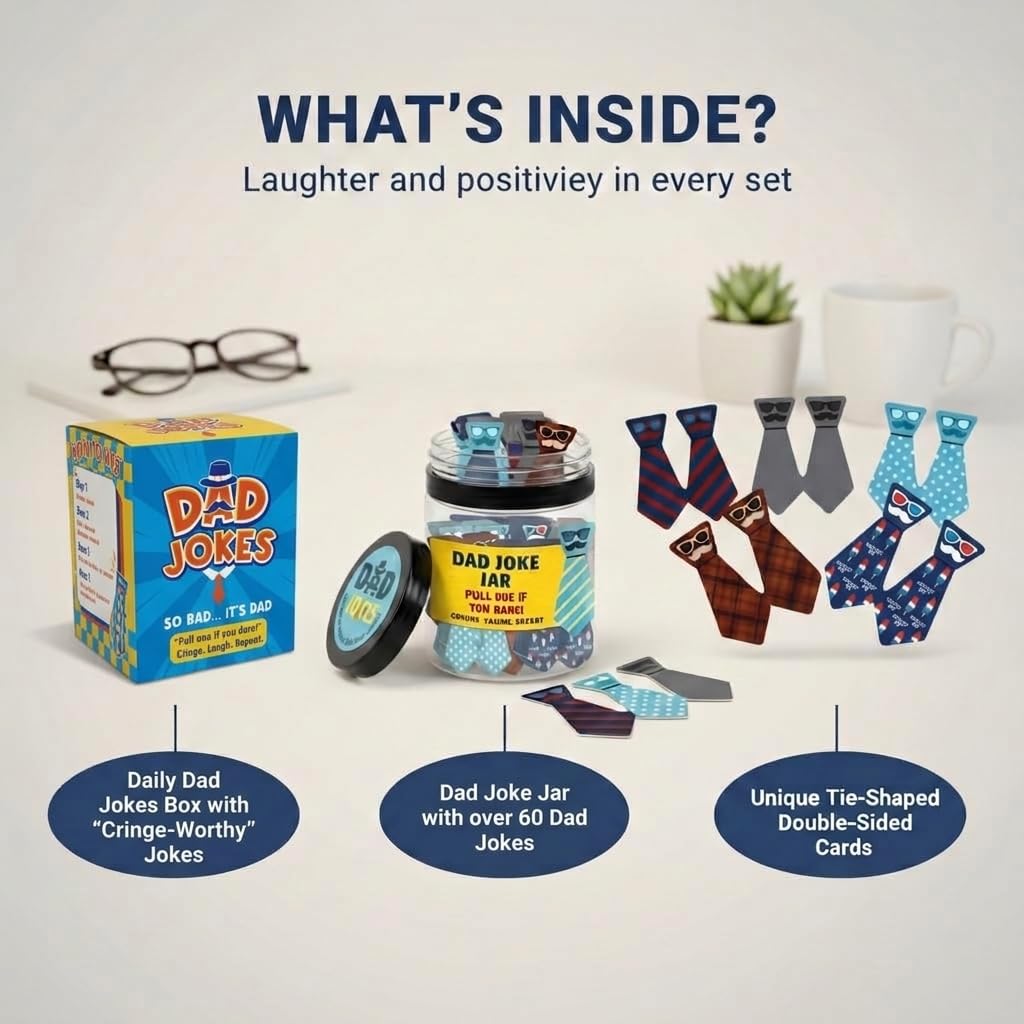 DEARMINE 60 Dad Jokes Cards Jar, Funny Birthday Gift for Dads from Daughter, Stocking Stuffers, Christmas White Elephant Gifts for Adults, Men Granpa Gift, Funny Gag Gifts for Men