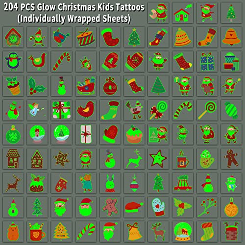 Partywind Glow Christmas Temporary Tattoos for Kids 204 Pcs Stocking Stuffers
