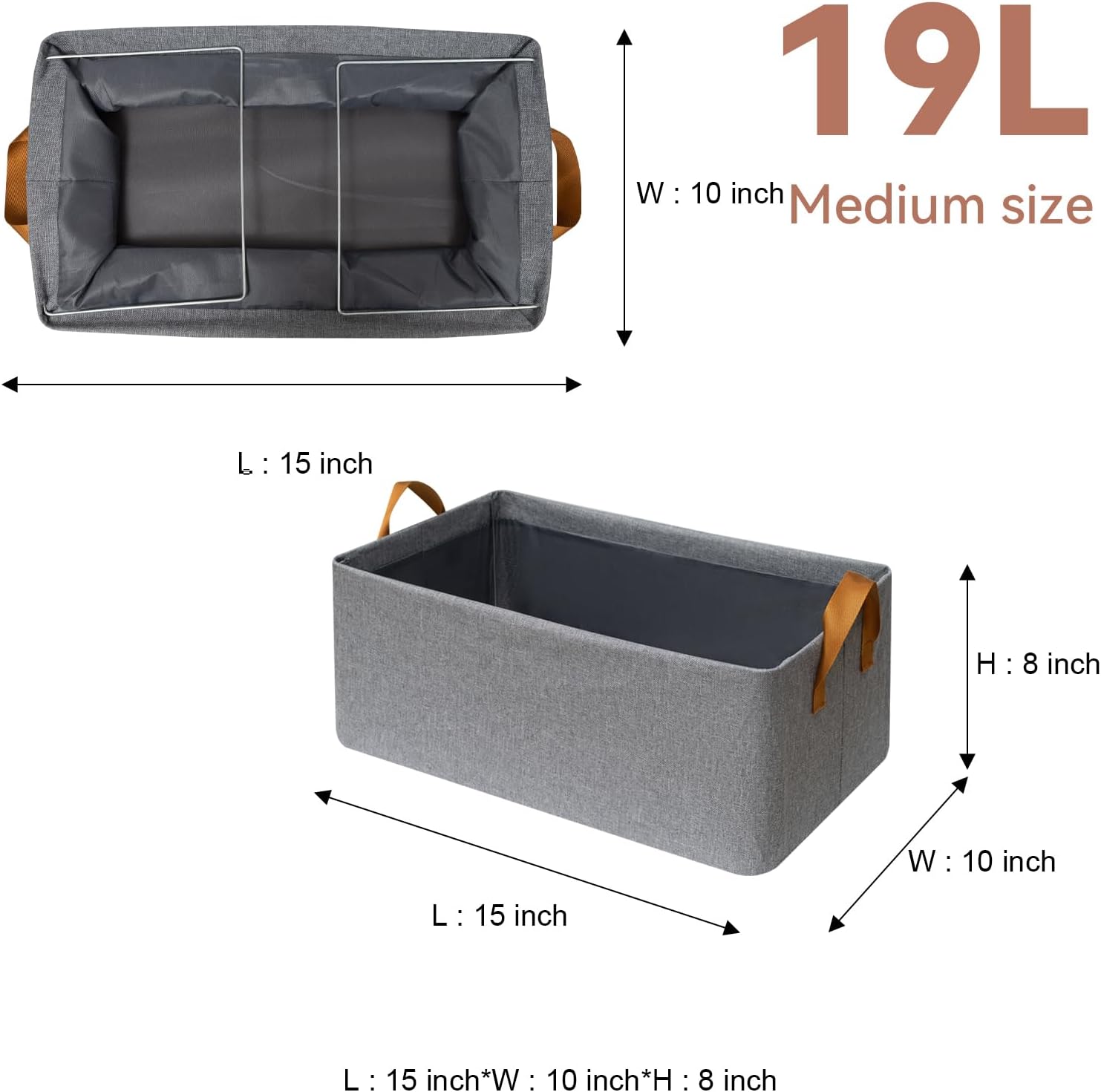 SNWDN Closet Storage Bins - Medium Fabric Baskets with Handles for Organization | Gray 15''L x 10''W x 8''H