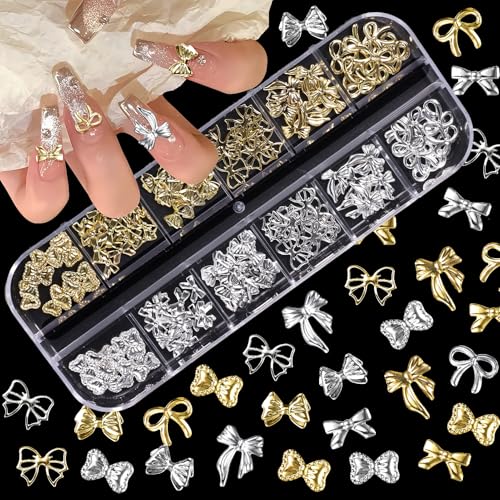 Anower Silver & Gold Bow Nail Charms 12 Styles Alloy Bowknot Studs