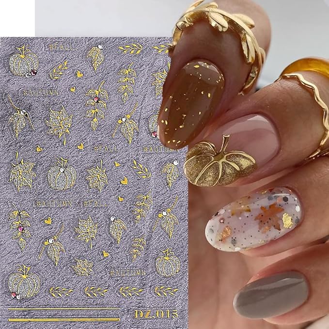 5D Fall Maple Leaf Nail Stickers Self-Adhesive Autumn Decals 3Pcs